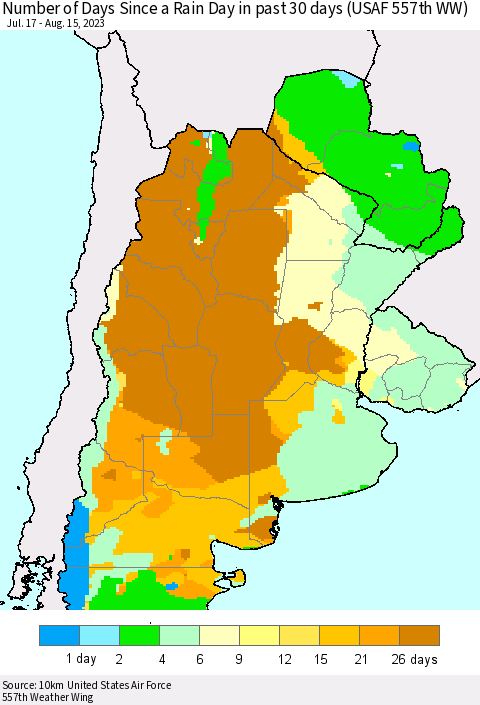 Southern South America Number of Days Since a Rain Day in past 30 days (USAF 557th WW) Thematic Map For 8/11/2023 - 8/15/2023