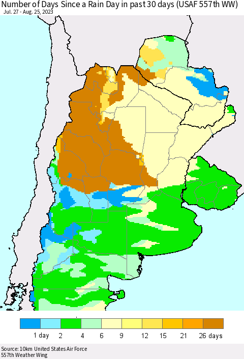 Southern South America Number of Days Since a Rain Day in past 30 days (USAF 557th WW) Thematic Map For 8/21/2023 - 8/25/2023