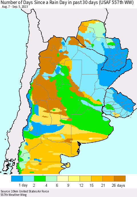 Southern South America Number of Days Since a Rain Day in past 30 days (USAF 557th WW) Thematic Map For 9/1/2023 - 9/5/2023