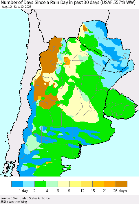 Southern South America Number of Days Since a Rain Day in past 30 days (USAF 557th WW) Thematic Map For 9/6/2023 - 9/10/2023