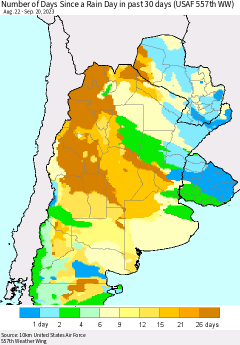 Southern South America Number of Days Since a Rain Day in past 30 days (USAF 557th WW) Thematic Map For 9/16/2023 - 9/20/2023