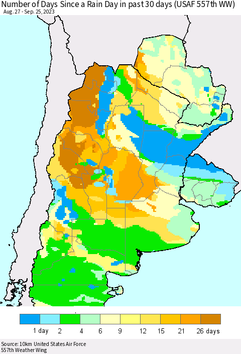 Southern South America Number of Days Since a Rain Day in past 30 days (USAF 557th WW) Thematic Map For 9/21/2023 - 9/25/2023