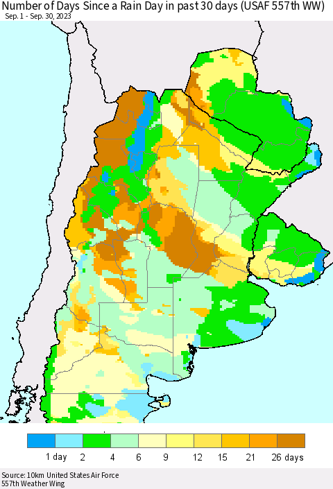 Southern South America Number of Days Since a Rain Day in past 30 days (USAF 557th WW) Thematic Map For 9/26/2023 - 9/30/2023