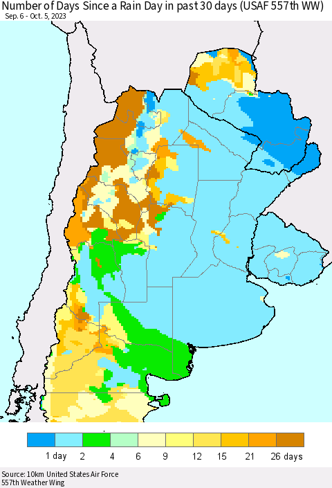 Southern South America Number of Days Since a Rain Day in past 30 days (USAF 557th WW) Thematic Map For 10/1/2023 - 10/5/2023