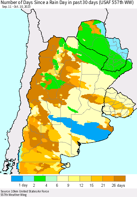 Southern South America Number of Days Since a Rain Day in past 30 days (USAF 557th WW) Thematic Map For 10/6/2023 - 10/10/2023