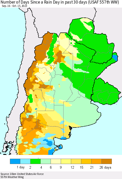Southern South America Number of Days Since a Rain Day in past 30 days (USAF 557th WW) Thematic Map For 10/11/2023 - 10/15/2023
