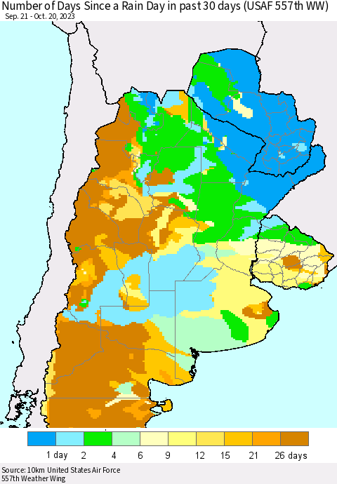Southern South America Number of Days Since a Rain Day in past 30 days (USAF 557th WW) Thematic Map For 10/16/2023 - 10/20/2023