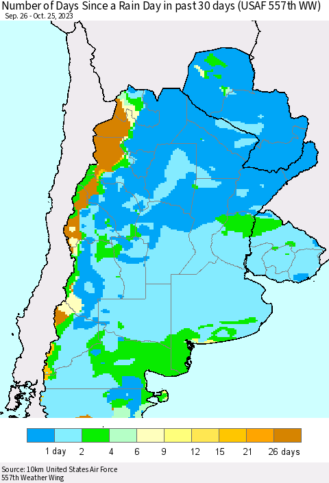Southern South America Number of Days Since a Rain Day in past 30 days (USAF 557th WW) Thematic Map For 10/21/2023 - 10/25/2023