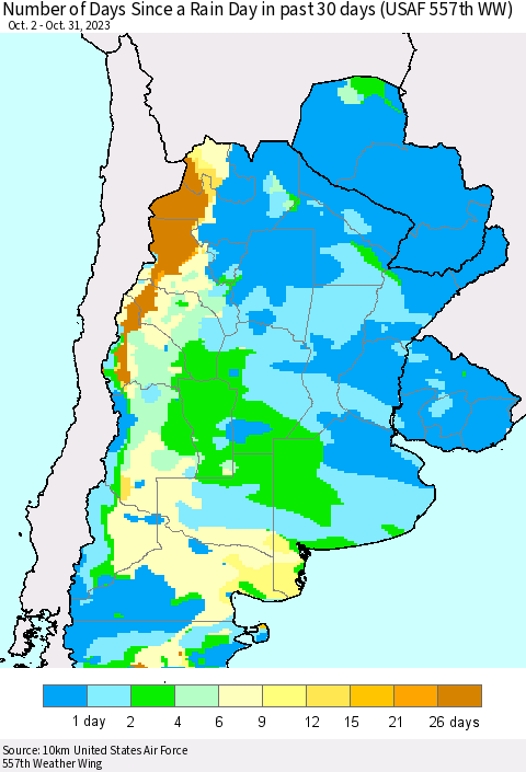 Southern South America Number of Days Since a Rain Day in past 30 days (USAF 557th WW) Thematic Map For 10/26/2023 - 10/31/2023