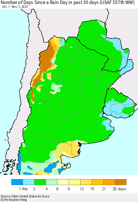 Southern South America Number of Days Since a Rain Day in past 30 days (USAF 557th WW) Thematic Map For 11/1/2023 - 11/5/2023