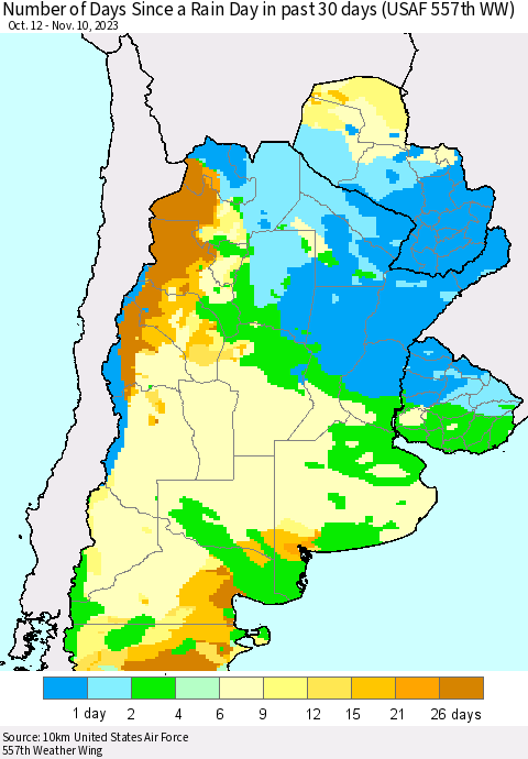 Southern South America Number of Days Since a Rain Day in past 30 days (USAF 557th WW) Thematic Map For 11/6/2023 - 11/10/2023