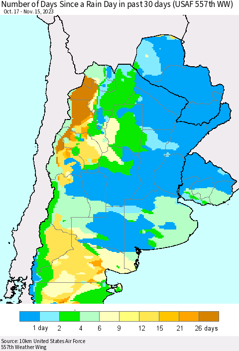 Southern South America Number of Days Since a Rain Day in past 30 days (USAF 557th WW) Thematic Map For 11/11/2023 - 11/15/2023