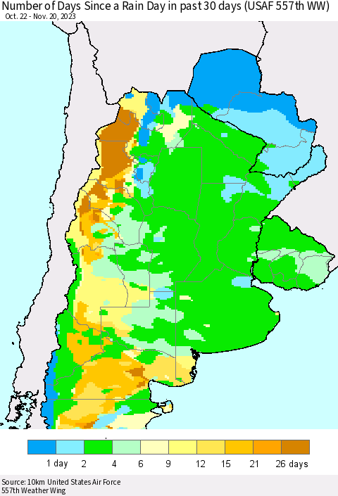 Southern South America Number of Days Since a Rain Day in past 30 days (USAF 557th WW) Thematic Map For 11/16/2023 - 11/20/2023