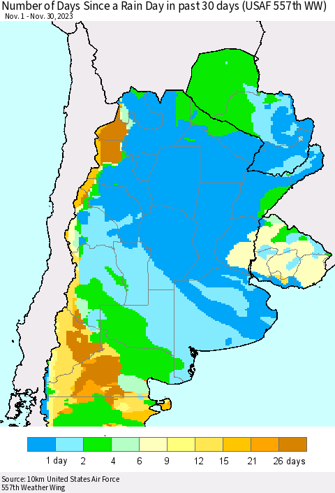 Southern South America Number of Days Since a Rain Day in past 30 days (USAF 557th WW) Thematic Map For 11/26/2023 - 11/30/2023