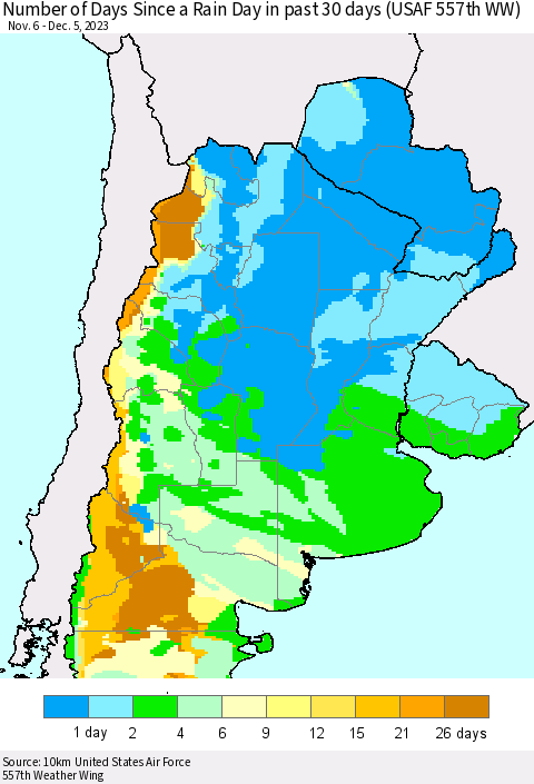 Southern South America Number of Days Since a Rain Day in past 30 days (USAF 557th WW) Thematic Map For 12/1/2023 - 12/5/2023