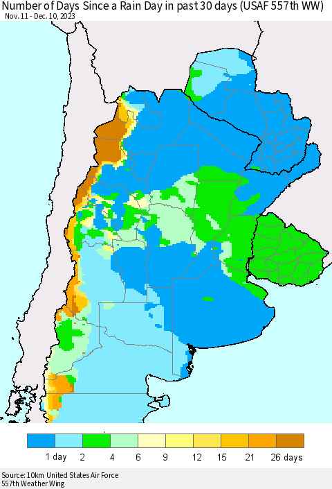 Southern South America Number of Days Since a Rain Day in past 30 days (USAF 557th WW) Thematic Map For 12/6/2023 - 12/10/2023