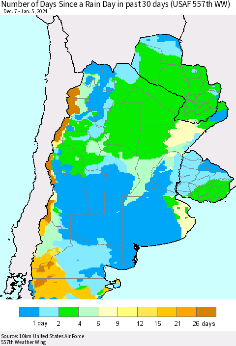 Southern South America Number of Days Since a Rain Day in past 30 days (USAF 557th WW) Thematic Map For 1/1/2024 - 1/5/2024