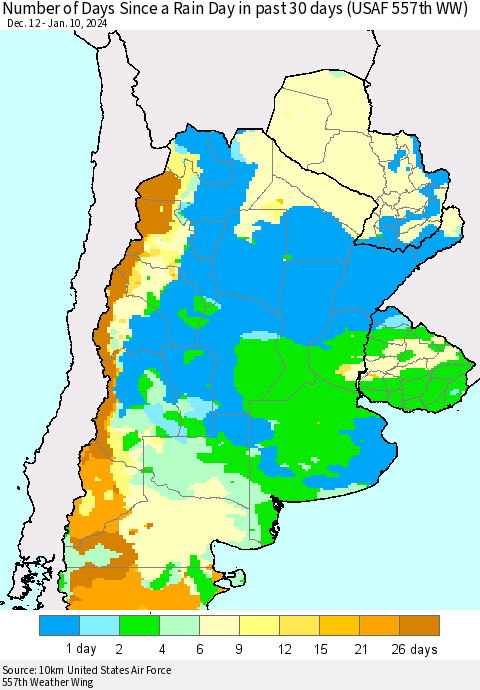 Southern South America Number of Days Since a Rain Day in past 30 days (USAF 557th WW) Thematic Map For 1/6/2024 - 1/10/2024