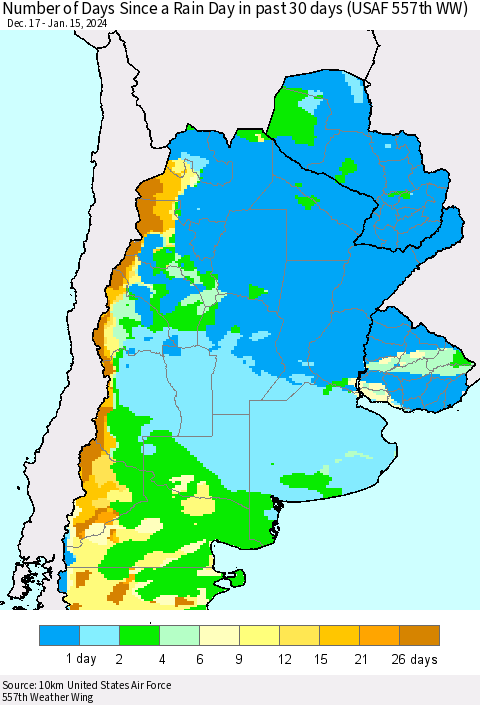Southern South America Number of Days Since a Rain Day in past 30 days (USAF 557th WW) Thematic Map For 1/11/2024 - 1/15/2024