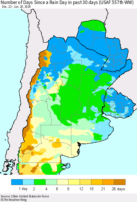 Southern South America Number of Days Since a Rain Day in past 30 days (USAF 557th WW) Thematic Map For 1/16/2024 - 1/20/2024
