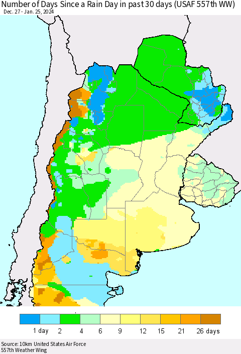 Southern South America Number of Days Since a Rain Day in past 30 days (USAF 557th WW) Thematic Map For 1/21/2024 - 1/25/2024