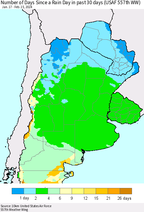 Southern South America Number of Days Since a Rain Day in past 30 days (USAF 557th WW) Thematic Map For 2/11/2024 - 2/15/2024