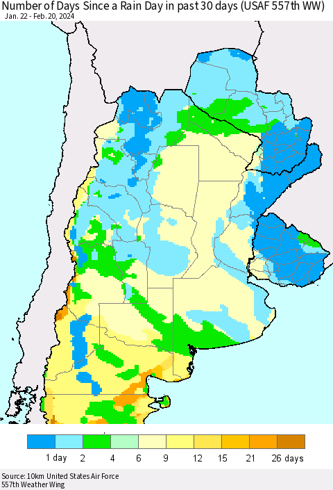 Southern South America Number of Days Since a Rain Day in past 30 days (USAF 557th WW) Thematic Map For 2/16/2024 - 2/20/2024