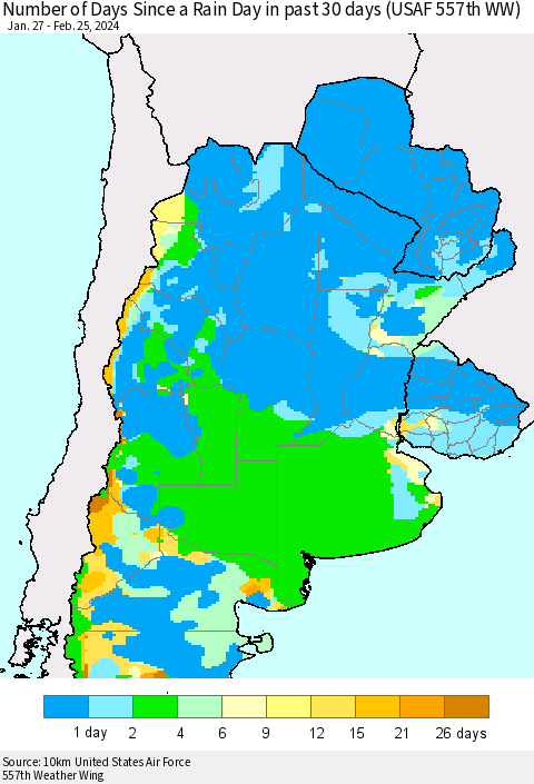 Southern South America Number of Days Since a Rain Day in past 30 days (USAF 557th WW) Thematic Map For 2/21/2024 - 2/25/2024
