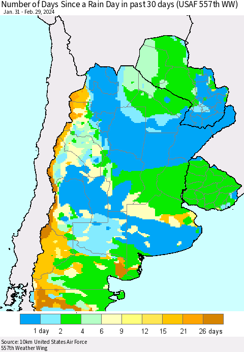 Southern South America Number of Days Since a Rain Day in past 30 days (USAF 557th WW) Thematic Map For 2/26/2024 - 2/29/2024
