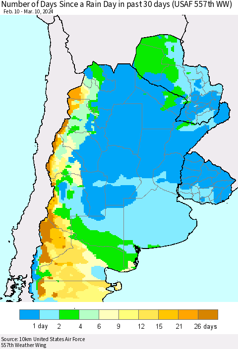 Southern South America Number of Days Since a Rain Day in past 30 days (USAF 557th WW) Thematic Map For 3/6/2024 - 3/10/2024