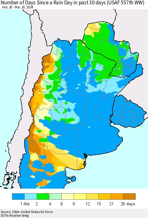 Southern South America Number of Days Since a Rain Day in past 30 days (USAF 557th WW) Thematic Map For 3/16/2024 - 3/20/2024