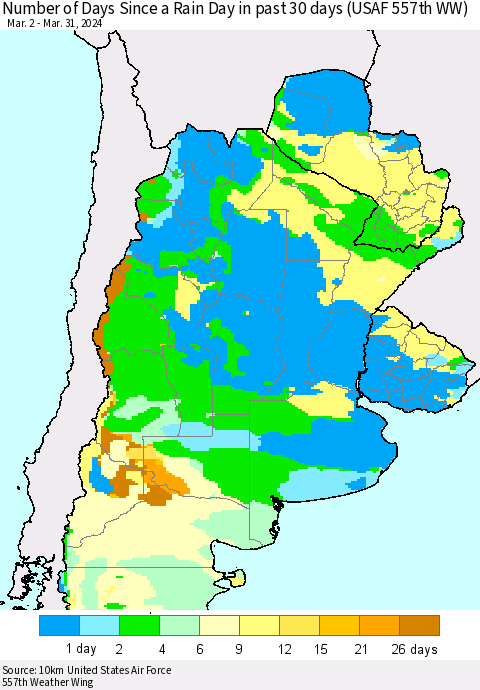 Southern South America Number of Days Since a Rain Day in past 30 days (USAF 557th WW) Thematic Map For 3/26/2024 - 3/31/2024