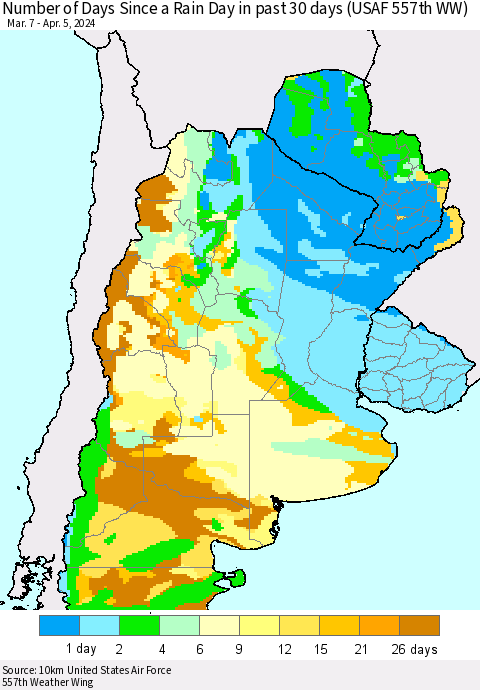 Southern South America Number of Days Since a Rain Day in past 30 days (USAF 557th WW) Thematic Map For 4/1/2024 - 4/5/2024