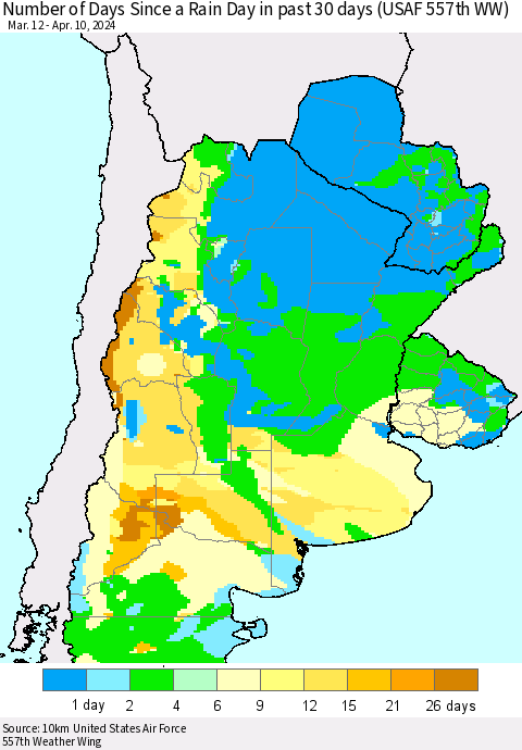 Southern South America Number of Days Since a Rain Day in past 30 days (USAF 557th WW) Thematic Map For 4/6/2024 - 4/10/2024