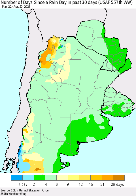 Southern South America Number of Days Since a Rain Day in past 30 days (USAF 557th WW) Thematic Map For 4/16/2024 - 4/20/2024