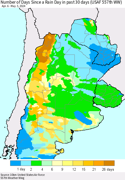 Southern South America Number of Days Since a Rain Day in past 30 days (USAF 557th WW) Thematic Map For 5/1/2024 - 5/5/2024