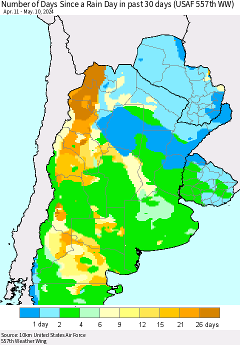 Southern South America Number of Days Since a Rain Day in past 30 days (USAF 557th WW) Thematic Map For 5/6/2024 - 5/10/2024