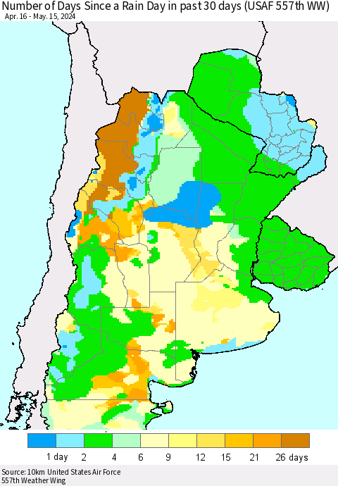 Southern South America Number of Days Since a Rain Day in past 30 days (USAF 557th WW) Thematic Map For 5/11/2024 - 5/15/2024