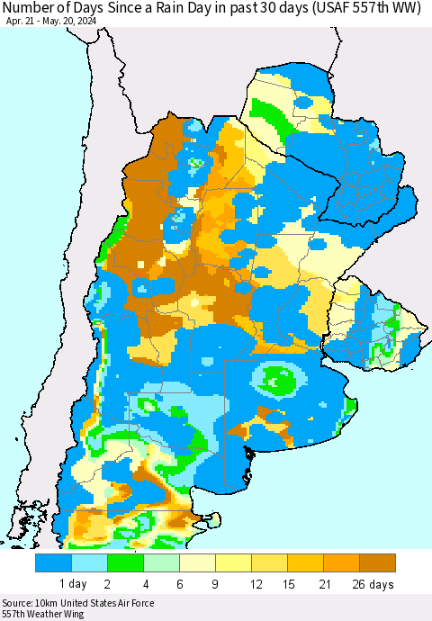Southern South America Number of Days Since a Rain Day in past 30 days (USAF 557th WW) Thematic Map For 5/16/2024 - 5/20/2024