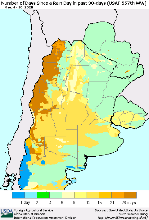 Southern South America Number of Days Since a Rain Day in past 30 days (USAF 557th WW) Thematic Map For 5/4/2020 - 5/10/2020