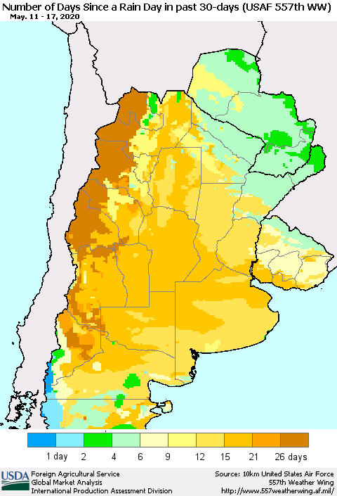 Southern South America Number of Days Since a Rain Day in past 30 days (USAF 557th WW) Thematic Map For 5/11/2020 - 5/17/2020