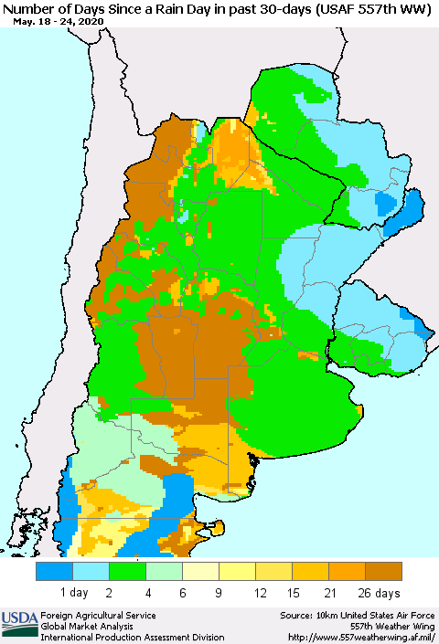 Southern South America Number of Days Since a Rain Day in past 30 days (USAF 557th WW) Thematic Map For 5/18/2020 - 5/24/2020