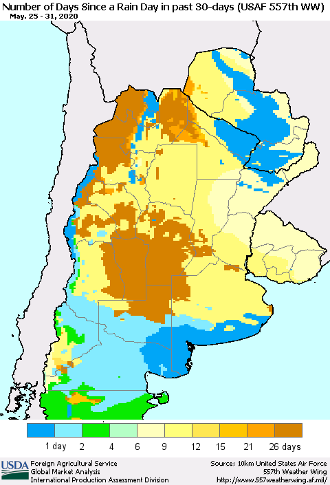 Southern South America Number of Days Since a Rain Day in past 30 days (USAF 557th WW) Thematic Map For 5/25/2020 - 5/31/2020