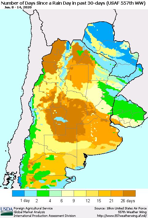 Southern South America Number of Days Since a Rain Day in past 30 days (USAF 557th WW) Thematic Map For 6/8/2020 - 6/14/2020