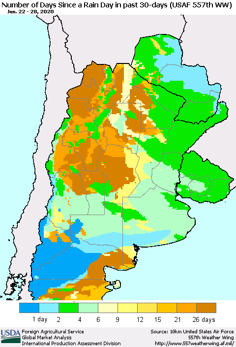 Southern South America Number of Days Since a Rain Day in past 30 days (USAF 557th WW) Thematic Map For 6/22/2020 - 6/28/2020