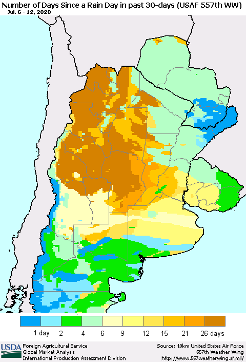 Southern South America Number of Days Since a Rain Day in past 30 days (USAF 557th WW) Thematic Map For 7/6/2020 - 7/12/2020