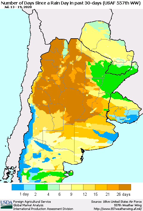 Southern South America Number of Days Since a Rain Day in past 30 days (USAF 557th WW) Thematic Map For 7/13/2020 - 7/19/2020