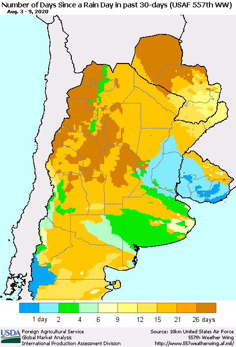 Southern South America Number of Days Since a Rain Day in past 30 days (USAF 557th WW) Thematic Map For 8/3/2020 - 8/9/2020