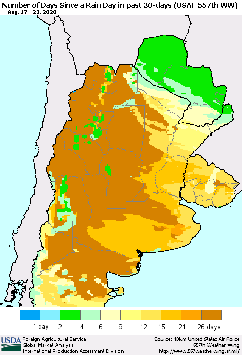 Southern South America Number of Days Since a Rain Day in past 30 days (USAF 557th WW) Thematic Map For 8/17/2020 - 8/23/2020