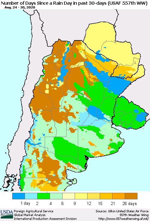 Southern South America Number of Days Since a Rain Day in past 30 days (USAF 557th WW) Thematic Map For 8/24/2020 - 8/30/2020